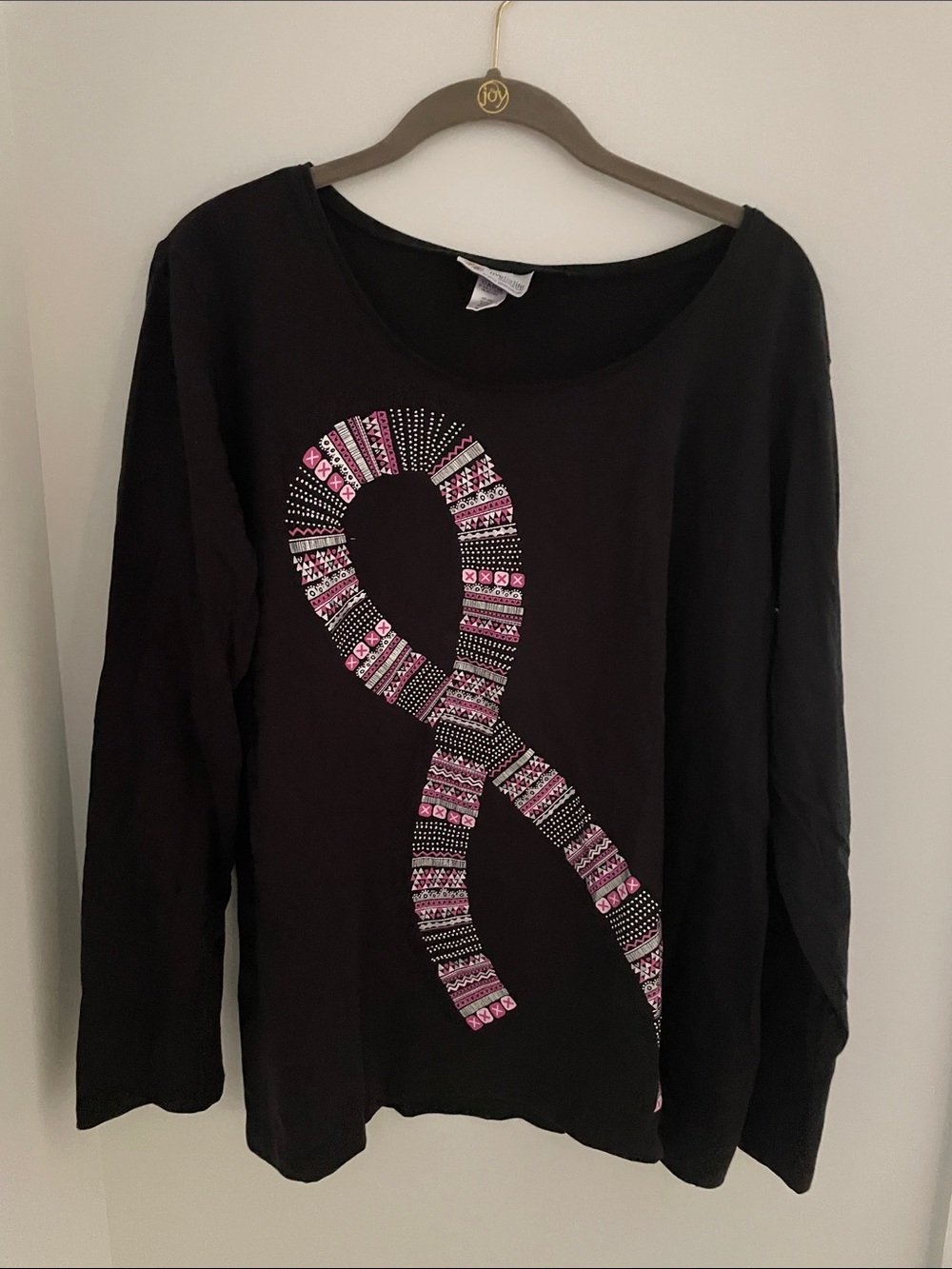 Women’s Black Long-Sleeve Tee with Pink Ribbon Motif